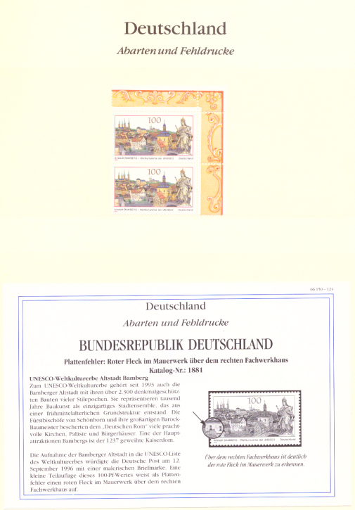 Briefmarken BRD 1996 Mi.Nr. 1881 I, roter Fleck an der Hauswand, Postfrisch
