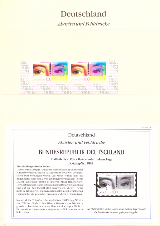 Briefmarken BRD 1996 Mi.Nr. 1882 I, roter Haken unter dem linken Auge, Postfrisch