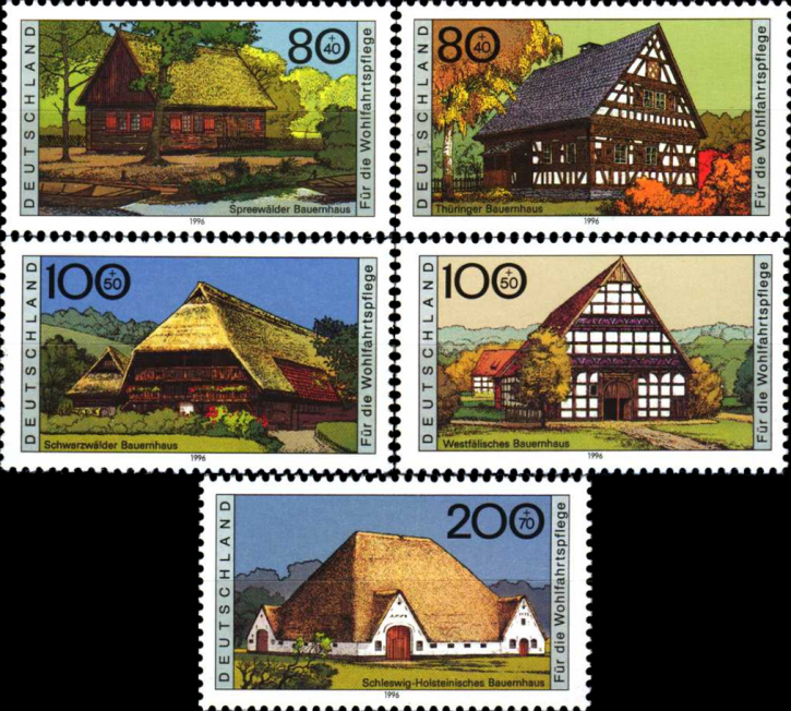 Briefmarken BRD (Bund) 1996, Mi.Nr. 1883-1887, Wohlfahrt: Bauernhäuser in Deutschland (II), Postfrisch