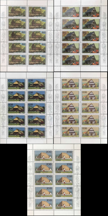 Briefmarken BRD (Bund) 1996, Mi.Nr. 1883-1867 Kleinbogensatz, Wohlfahrt: Bauernhäuser in Deutschland (II). Postfrisch