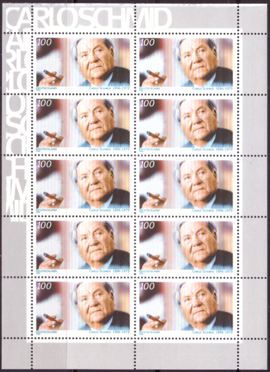 Briefmarken BRD (Bund) 1996, Mi.Nr. 1894 Kleinbogen, Carlo Schmid. Postfrisch