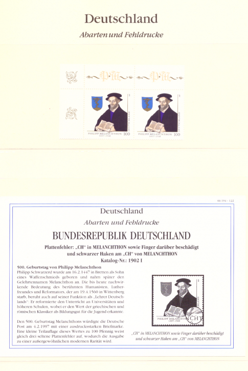 Briefmarken BRD 1997 Mi.Nr. 1902 I, Plattenfehler I, ausgebrochene Handlinie, "CH" beschädigt, Postfrisch