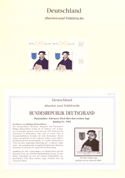 Briefmarken BRD 1997 Mi.Nr. 1902 II, Plattenfehler II, schwarzer Punkt über rechtem Auge, Postfrisch