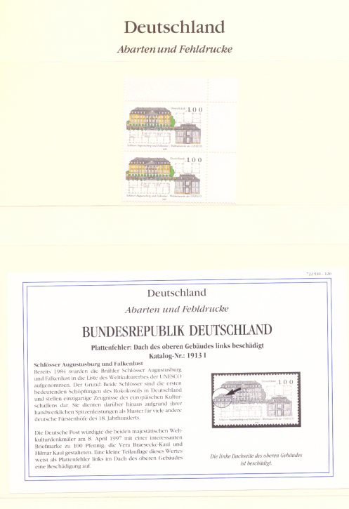 Briefmarken BRD 1997 Mi.Nr. 1913 I, Plattenfehler I, Dach beschädigt, Postfrisch