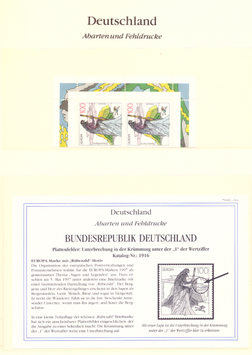 Briefmarken BRD 1997 Mi.Nr. 1916, Plattenfehler, Unterbrechung in der Krümmung, Postfrisch