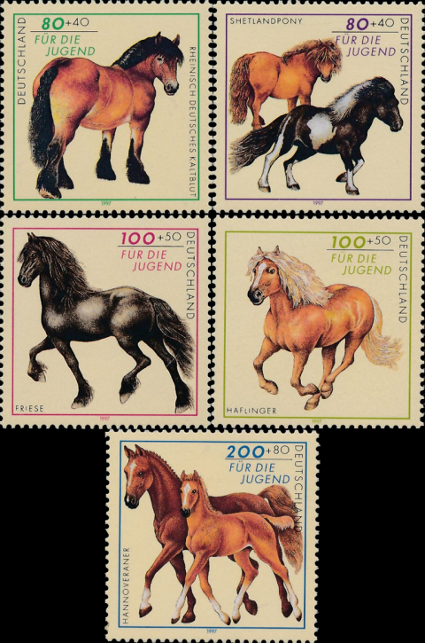 Briefmarken BRD (Bund) 1997, Mi.Nr. 1920-1924, Jugend: Pferderassen. Postfrisch