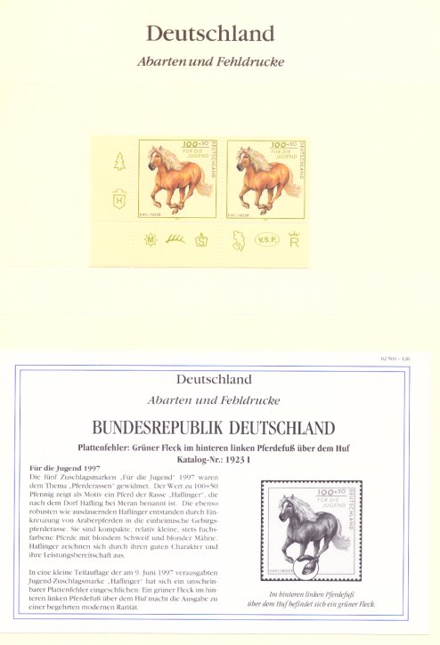Briefmarken BRD 1997 Mi.Nr. 1923 I, Plattenfehler I, grüner Fleck im Pferdefuß, Postfrisch