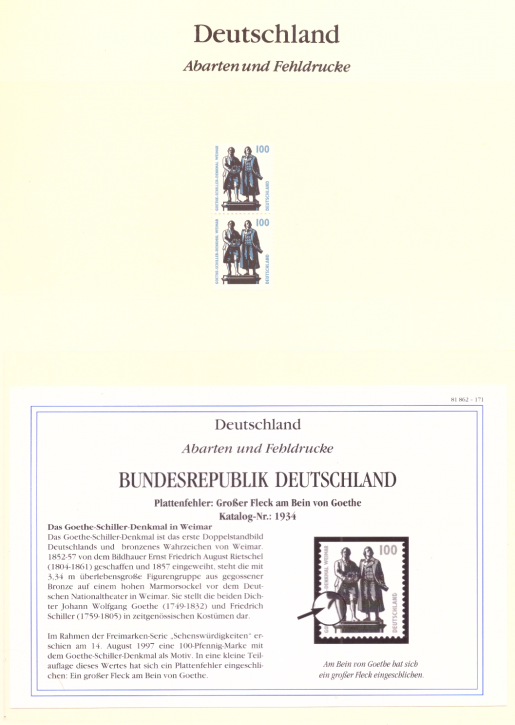 Briefmarken BRD 1997 Mi.Nr. 1934 I, Plattenfehler I, länglicher Fleck am Rock von Goethe, Postfrisch