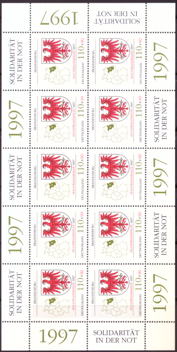 Briefmarken BRD (Bund) 1997, Mi.Nr. 1941 Kleinbogen, Hochwasserhilfe Brandenburg. Postfrisch