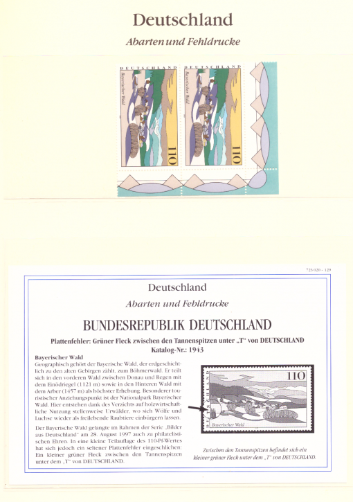 Briefmarken BRD 1997 Mi.Nr. 1943 I, Plattenfehler I, grüner Fleck zwischen Tannenspitzen, Postfrisch