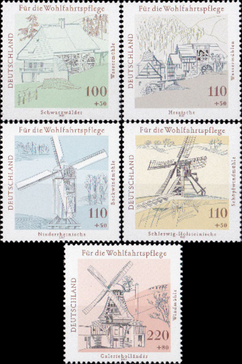 Briefmarken BRD (Bund) 1997, Mi.Nr. 1948-1952, Wohlfahrt: Wasser- und Windmühlen in Deutschland. Postfrisch