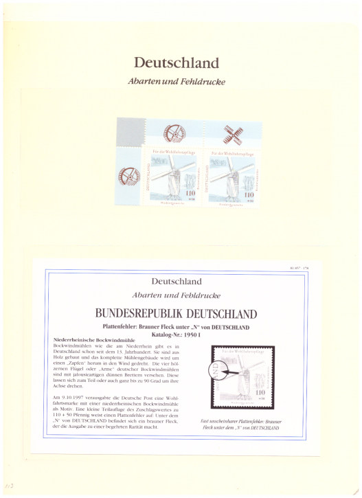 Briefmarken BRD 1997 Mi.Nr. 1950 I, Plattenfehler I, brauner Fleck unter "N" in "Deutschland", Postfrisch