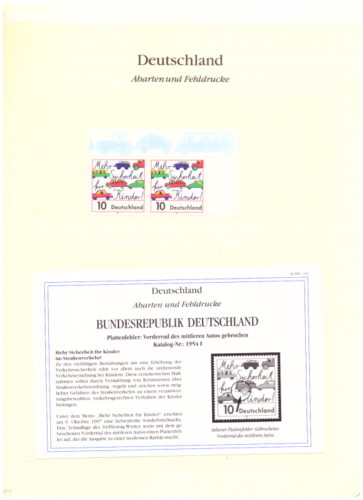 Briefmarken BRD 1997 Mi.Nr. 1954 I, Plattenfehler I, Vorderrad gebrochen, Postfrisch