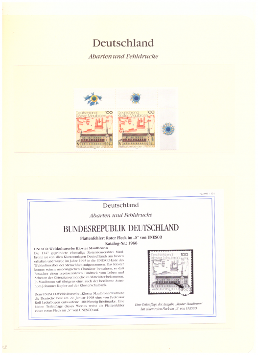 Briefmarken BRD 1998 Mi.Nr. 1966 I, Plattenfehler I, roter Fleck im "S" von "UNESCO", Postfrisch