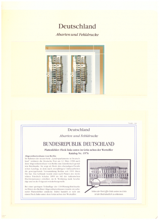 Briefmarken BRD 1998 Mi.Nr. 1976 I, Plattenfehler I, Fleck links unten im Grün, Postfrisch