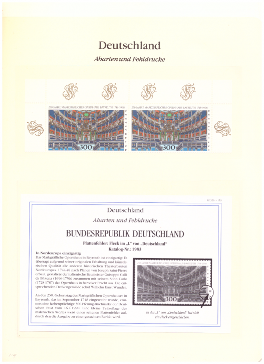 Briefmarken BRD 1998 Mi.Nr. 1983, Plattenfehler, Fleck im "L" von "Deutschland", Postfrisch