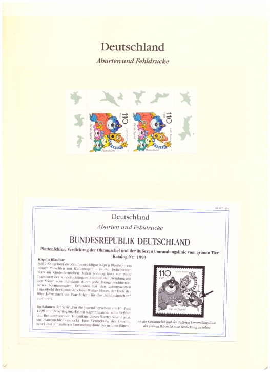 Briefmarken BRD 1998 Mi.Nr. 1993, Plattenfehler, Verdickung der Ohrmuschel, Postfrisch