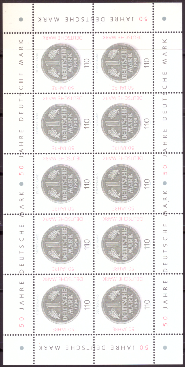 Briefmarken BRD (Bund) 1998, Mi.Nr. 1996 Kleinbogen, 50 Jahre Deutsche Mark. Postfrisch
