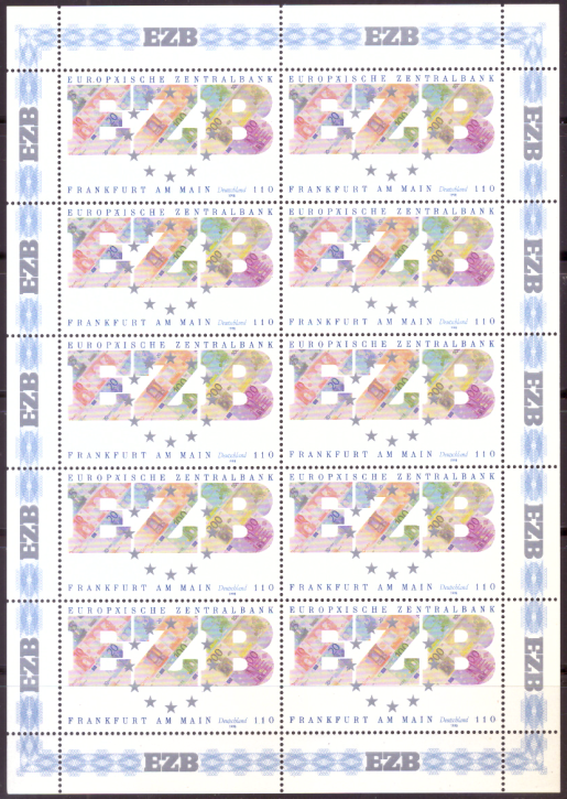 Briefmarken BRD (Bund) 1998, Mi.Nr. 2000 Kleinbogen, Gründung der Europäischen Zentralbank. Postfrisch