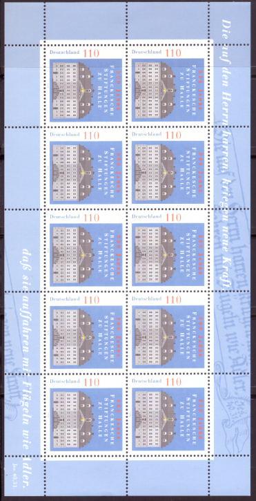 Briefmarken BRD (Bund) 1998, Mi.Nr. 2011 Kleinbogen, Franckesche Stiftungen. Postfrisch