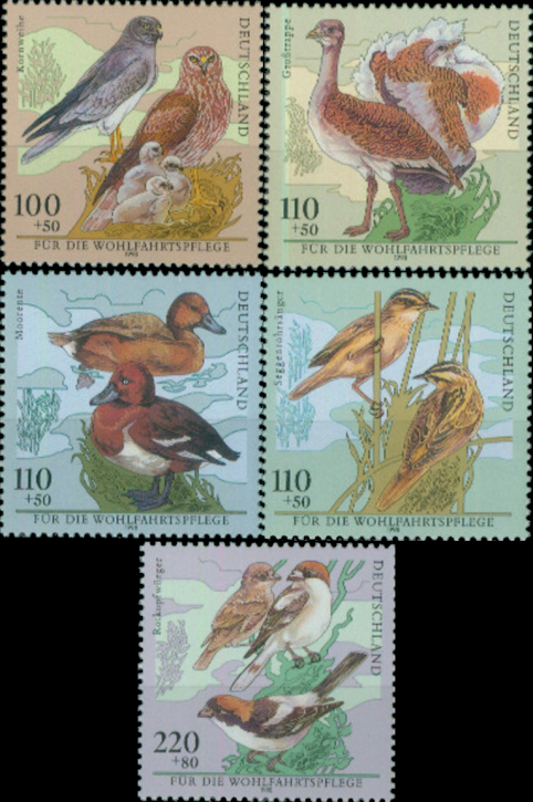 Briefmarken BRD (Bund) 1998, Mi.Nr. 2015-2019. Wohlfahrt: Bedrohte Vogelarten. Postfrisch