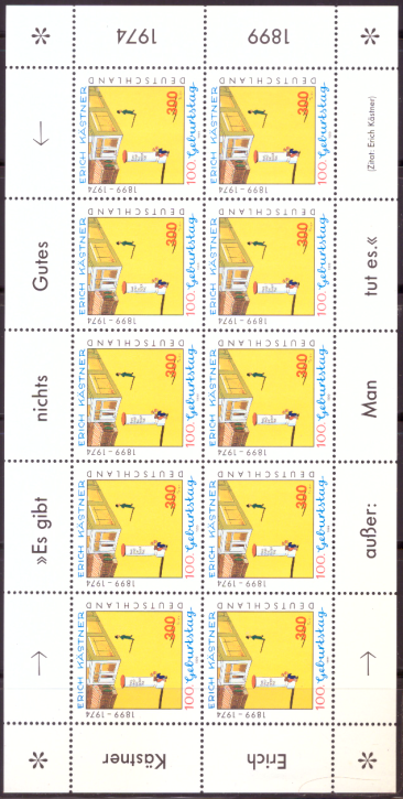 Briefmarken BRD (Bund) 1999, Mi.Nr. 2035 Kleinbogen, Erich Kästner. Postfrisch
