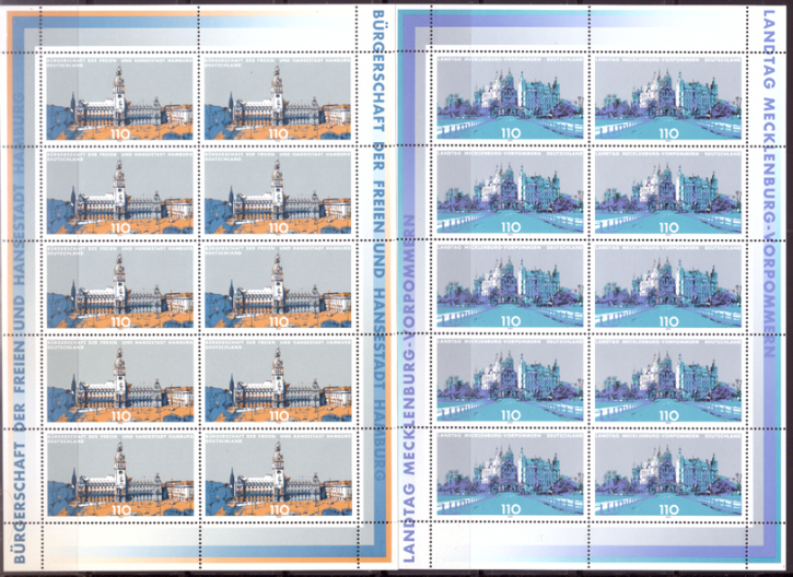 Briefmarken BRD (Bund) 1999, Mi.Nr. 2036-2037 Kleinbogensatz, Landesparlamente in Deutschland (III). Postfrisch