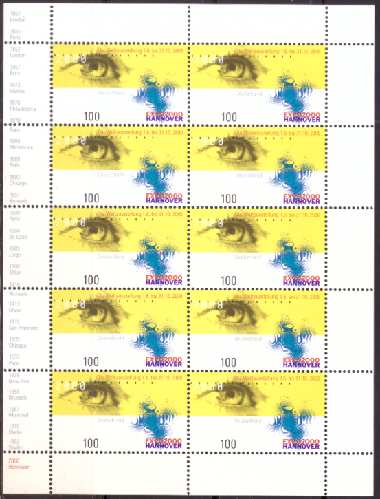 Briefmarken BRD (Bund) 2000, Mi.Nr. 2089 Kleinbogen, EXPO 2000. Postfrisch