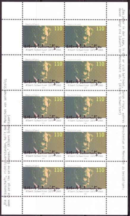 Briefmarken BRD (Bund) 2000, Mi.Nr. 2090 Kleinbogen, Albert Schweitzer. Postfrisch
