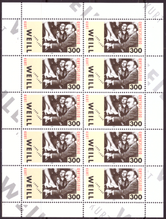 Briefmarken BRD (Bund) 2000, Mi.Nr. 2100 Kleinbogen, Kurt Weill. Postfrisch