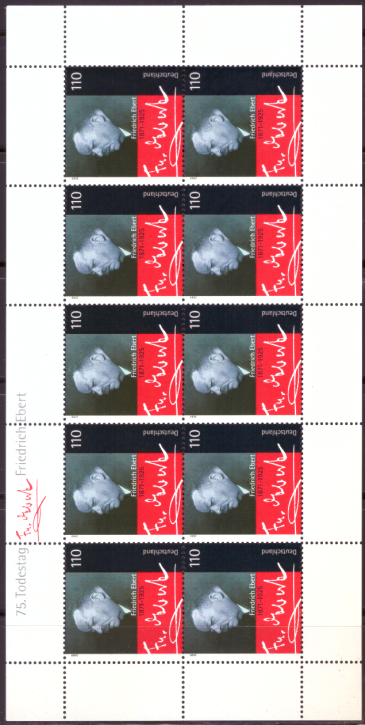 Briefmarken BRD (Bund) 2000, Mi.Nr. 2101 Kleinbogen, Friedrich Ebert. Postfrisch