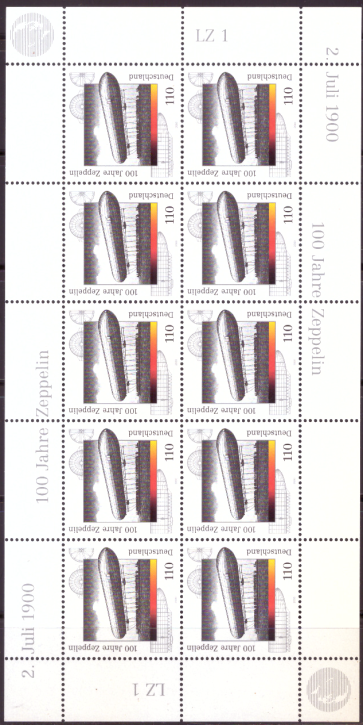 Briefmarken BRD (Bund) 2000, Mi.Nr. 2128 Kleinbogen, Zeppelin-Luftschiffe. Postfrisch