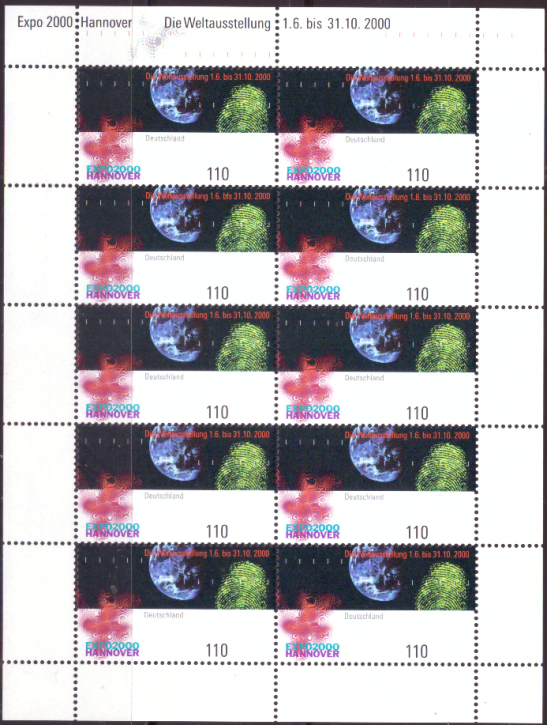 Briefmarken BRD (Bund) 2000, Mi.Nr. 2130 Kleinbogen, EXPO 2000. Postfrisch