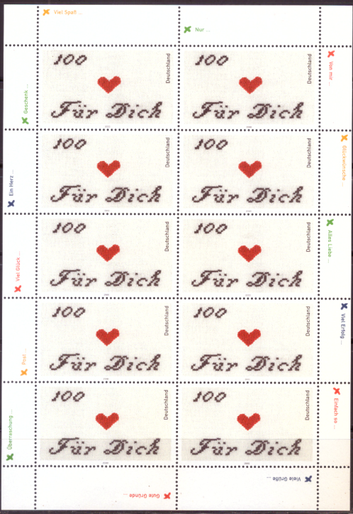 Briefmarken BRD (Bund) 2000, Mi.Nr. 2138 Kleinbogen, Grußmarke. Postfrisch