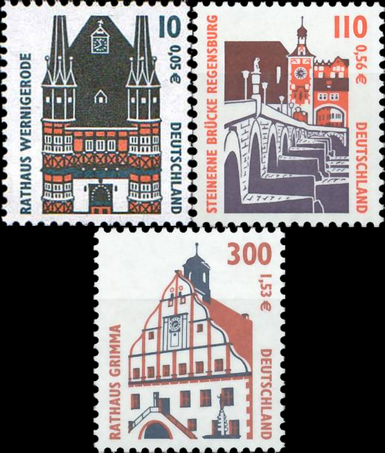 Briefmarken BRD (Bund) 2000, Mi.Nr. 2139-2141. Freimarken: Sehenswürdigkeiten (XXIII). Postfrisch