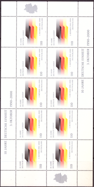 Briefmarken BRD (Bund) 2000, Mi.Nr. 2142 Kleinbogen, Deutsche Einheit. Postfrisch