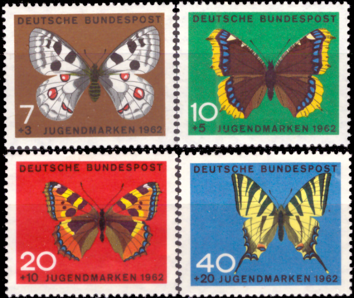 Briefmarken BRD (Bund) 1962, Mi.Nr. 376-379, Jugend: Schmetterlinge. Postfrisch