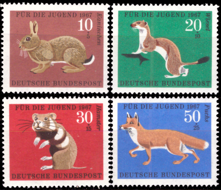 Briefmarken BRD (Bund) 1967, Mi.Nr. 529-532, Jugend: Pelztiere. Postfrisch