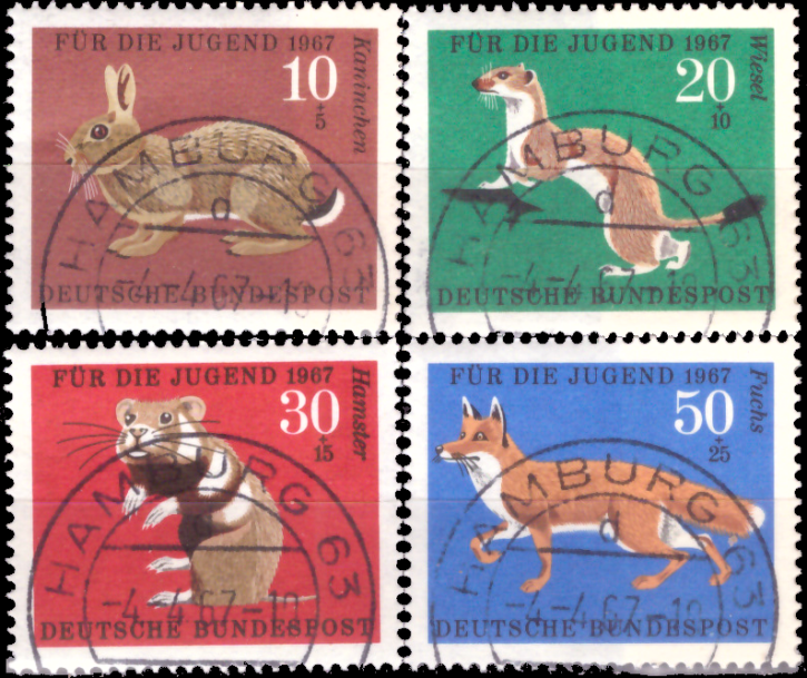 Briefmarken BRD (Bund) 1967, Mi.Nr. 529-532, Jugend: Pelztiere. Gestempelt