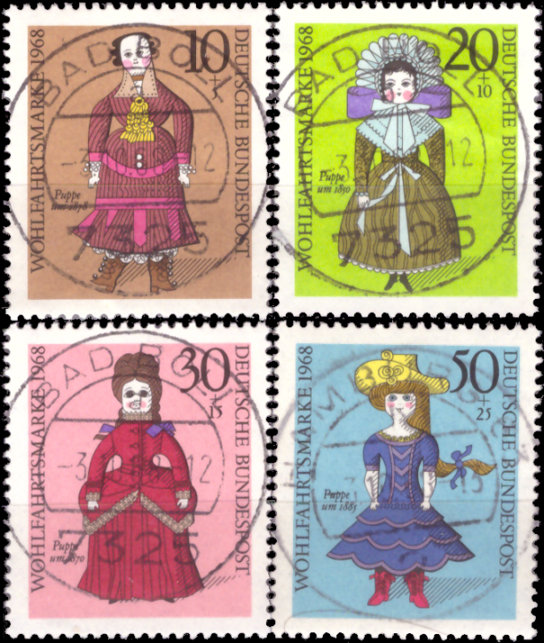 Briefmarken BRD (Bund) 1968, Mi.Nr. 571-574, Wohlfahrtsmarken: Puppen. Gestempelt