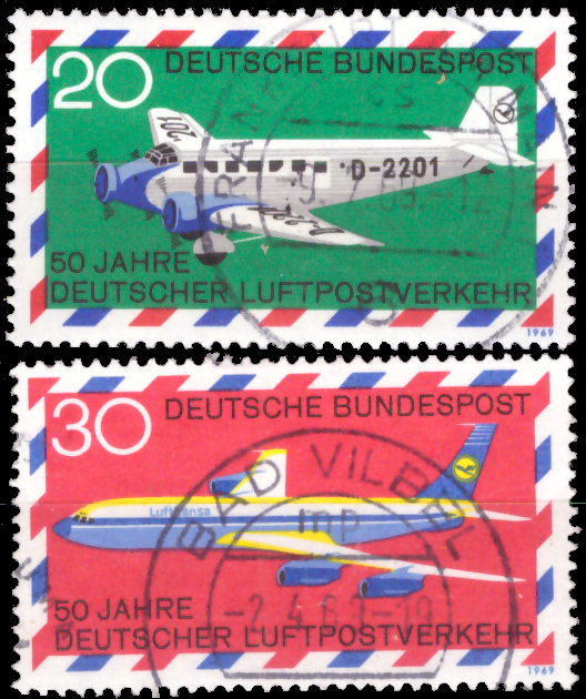 Briefmarken BRD (Bund) 1969, Mi.Nr. 576-577, 50 Jahre deutscher Luftpostverkehr. Gestempelt