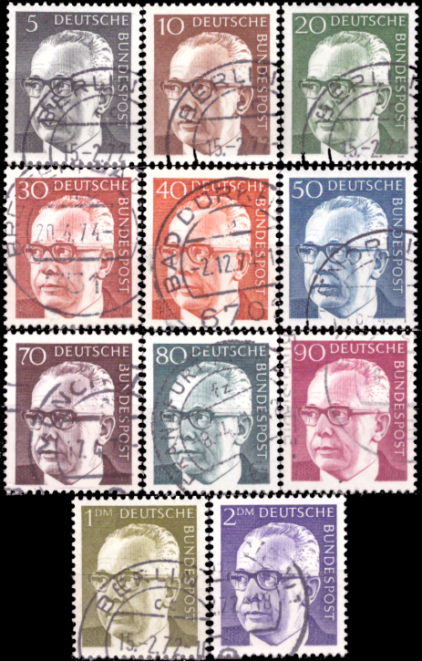 Briefmarken BRD (Bund) 1970, Mi.Nr. 635-645, Freimarken: Bundespräsident Gustav Heinemann (I). Gestempelt