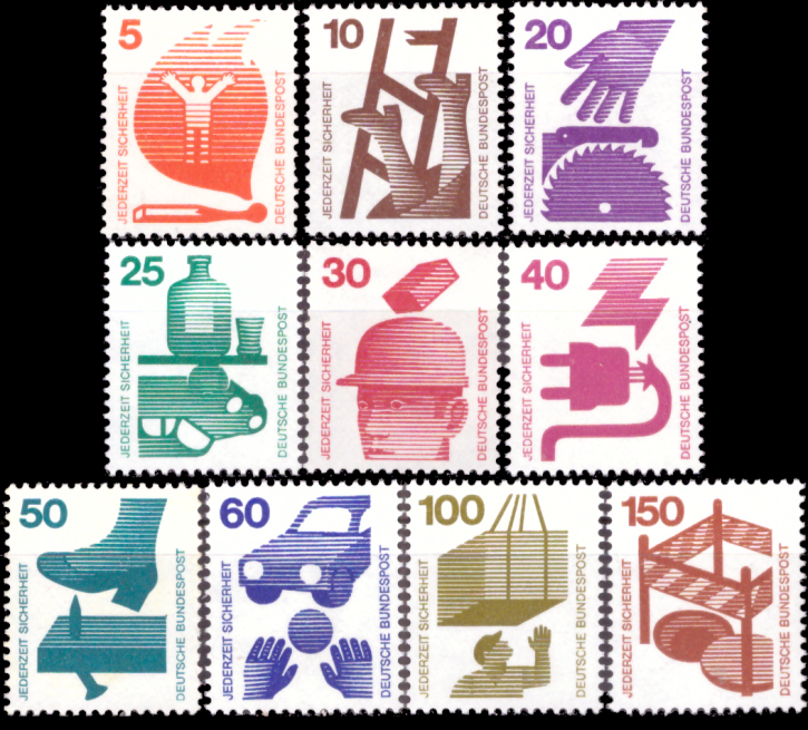 Briefmarken BRD (Bund) 1971, Mi.Nr. 694-703, Freimarken: Unfallverhütung (I). Postfrisch