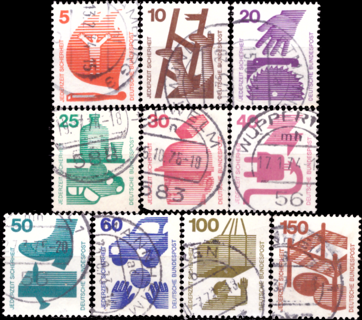 Briefmarken BRD (Bund) 1971, Mi.Nr. 694-703, Freimarken: Unfallverhütung (I). Gestempelt
