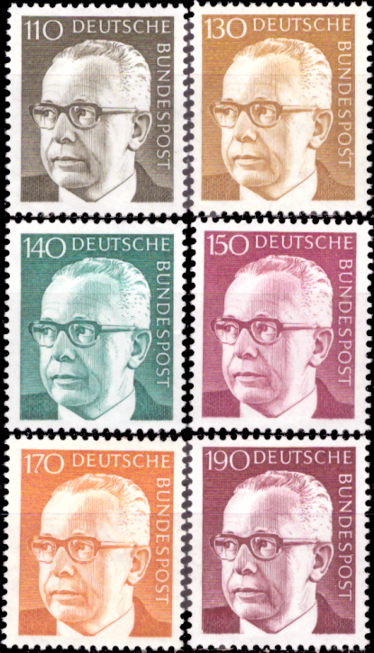 Briefmarken BRD (Bund) 1972, Mi.Nr. 727-732, Freimarken: Bundespräsident Gustav Heinemann (III). Postfrisch