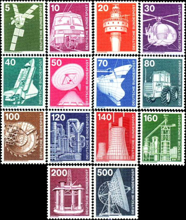 Briefmarken BRD (Bund) 1975, Mi.Nr. 846-859, Freimarken: Industrie und Technik (I). Postfrisch