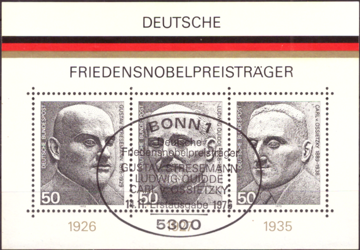Briefmarken BRD (Bund) 1975, Mi.Nr. Block 11, Deutsche Friedensnobelpreisträger. Ersttagssonderstempel
