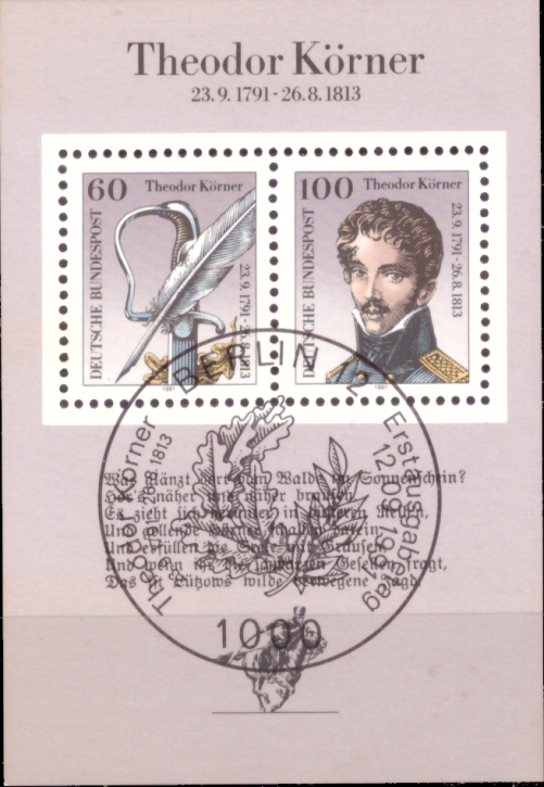 Briefmarken BRD (Bund) 1991, Mi.Nr. Block 25, Theodor Körner. Ersttagssonderstempel