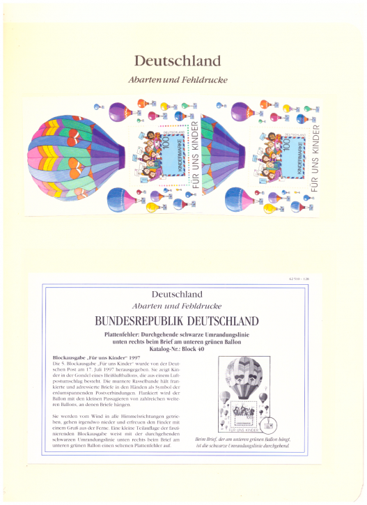 Briefmarken BRD 1997 Mi.Nr. Block 40 I, Plattenfehler I, schwarze Umrandungslinie durchgehend, Postfrisch