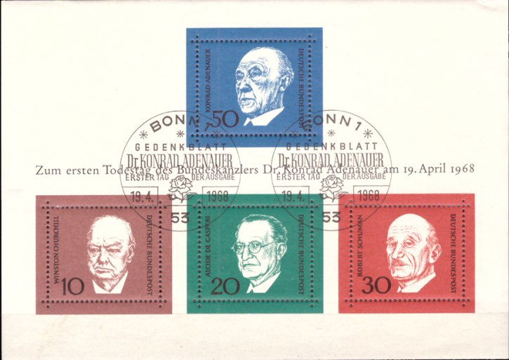 Briefmarken BRD (Bund) 1968, Mi.Nr. Block 4, Erster Todestag von Konrad Adenauer. Ersttagssonderstempel